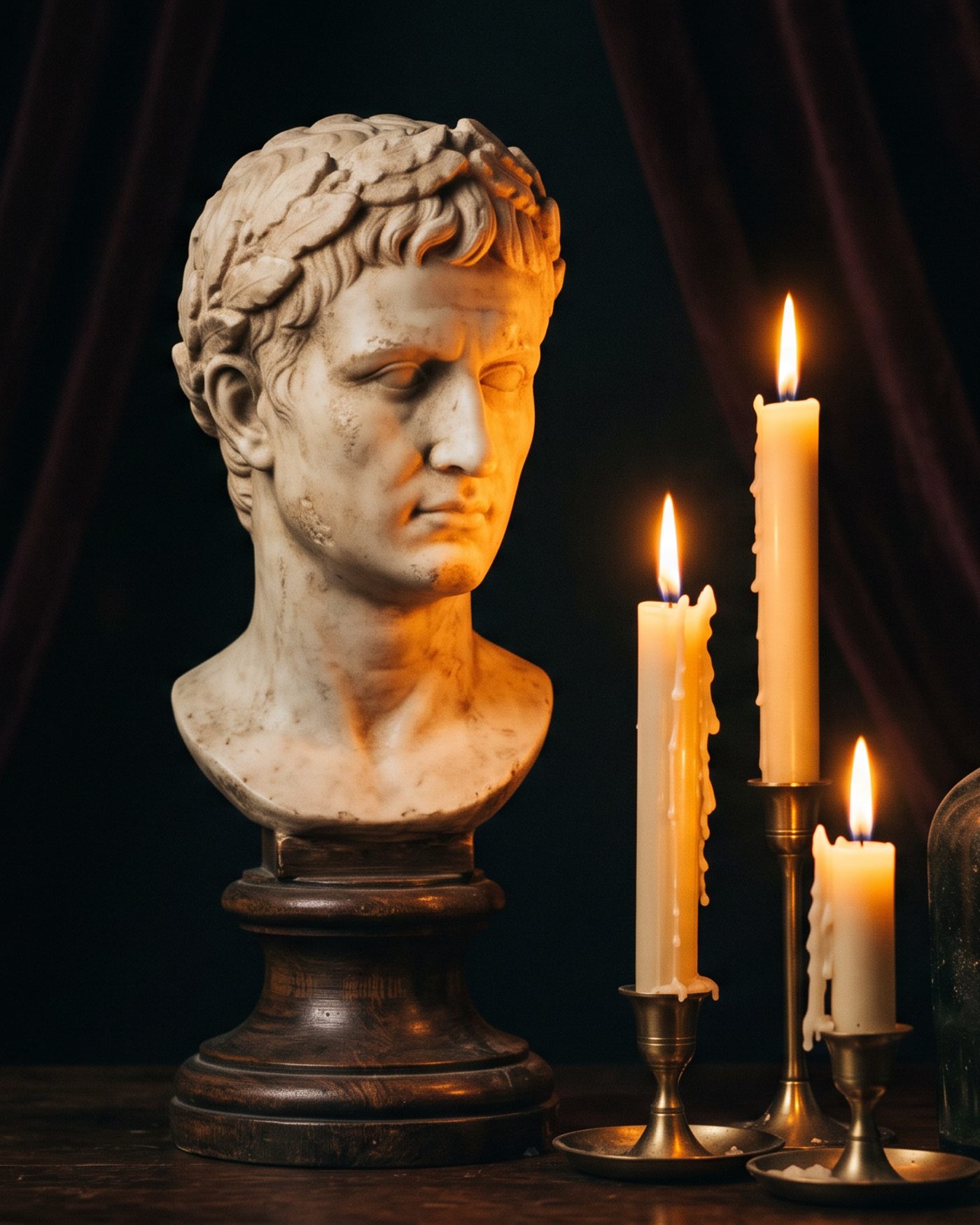 A marble bust beside lit candles