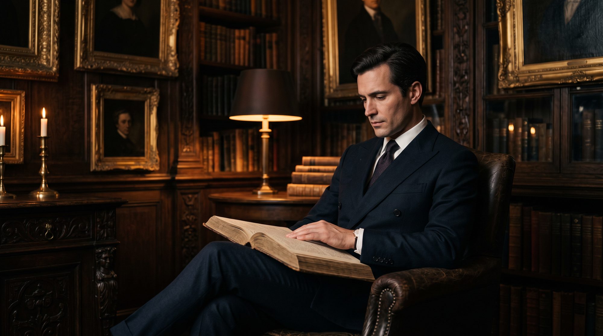 A man in dark tailoring reading in a candlelit study