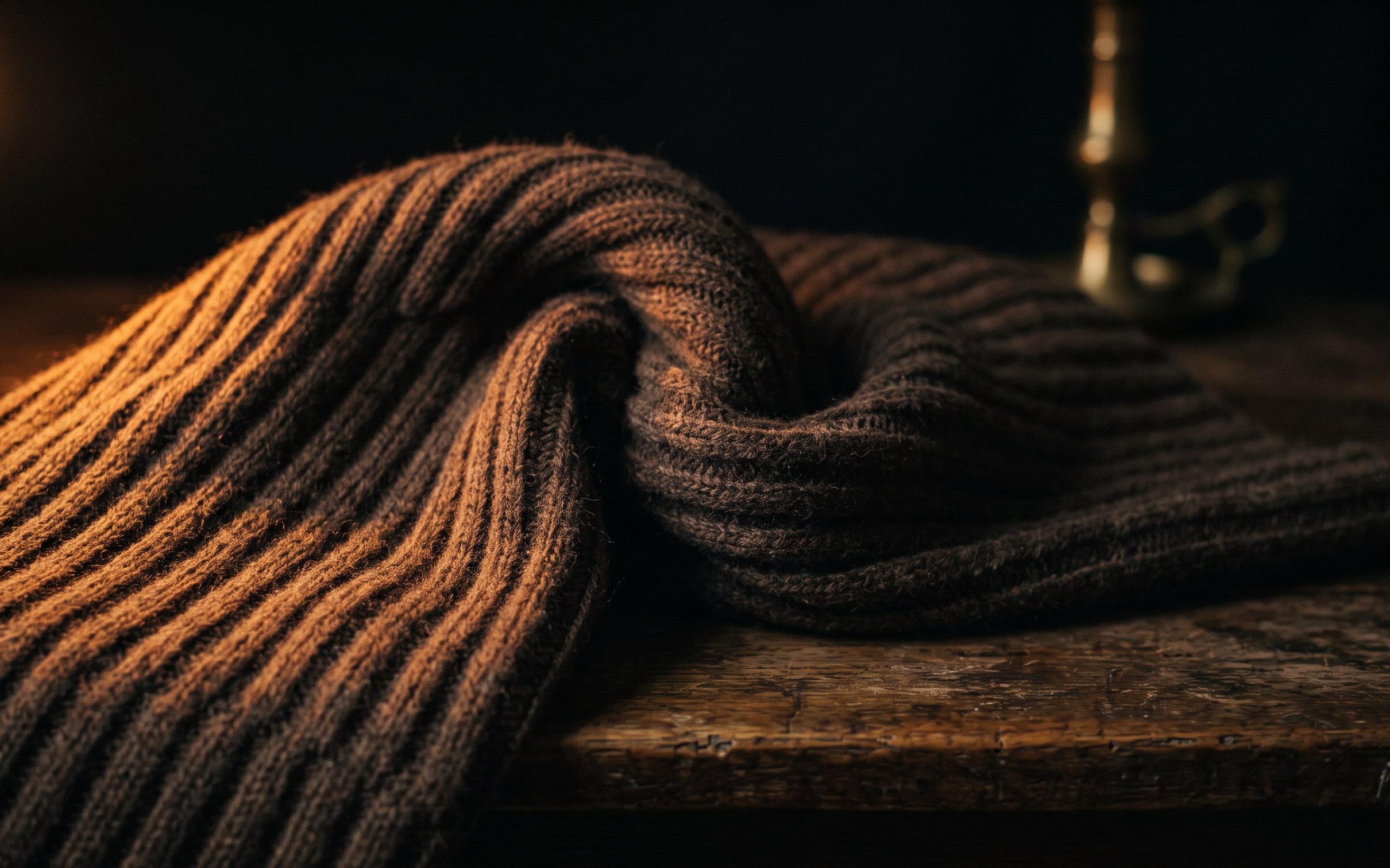 A deep brushed rib knit in raking light