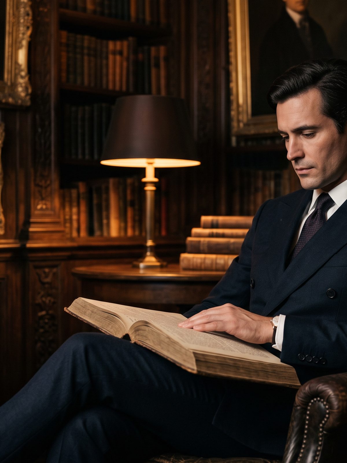 A man in dark classic tailoring, in warm low light