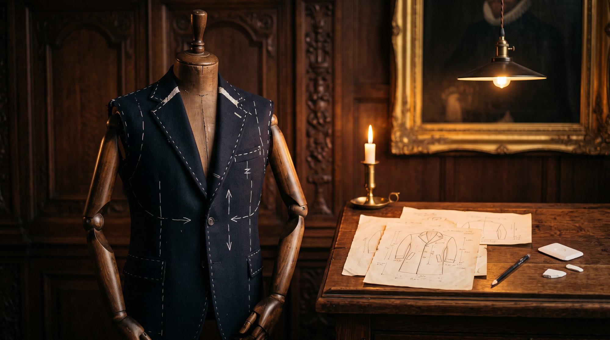 A basted jacket on a tailor's mannequin beside a desk of coat sketches, lit by a candle