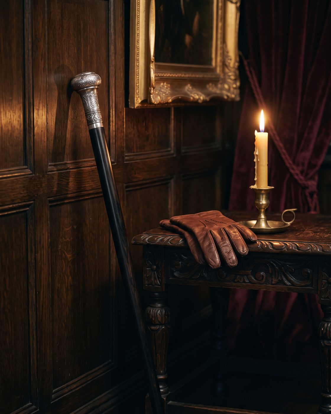 An ebony walking cane with a silver handle against oak paneling
