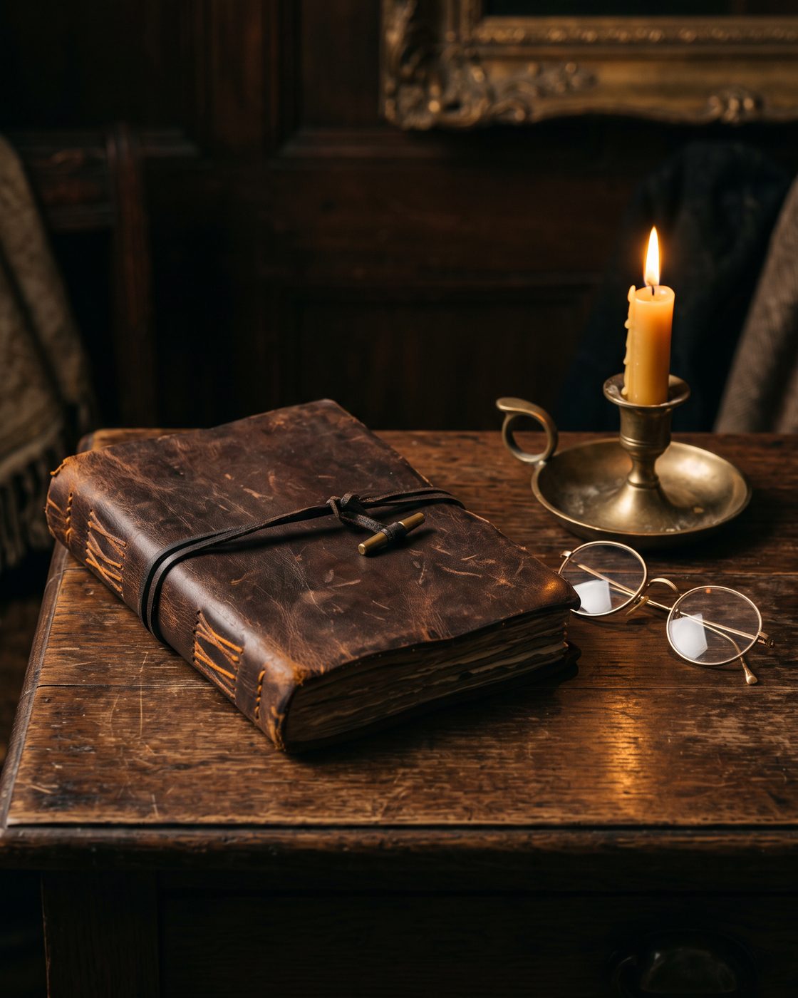 A worn leather journal beside gold-rimmed spectacles