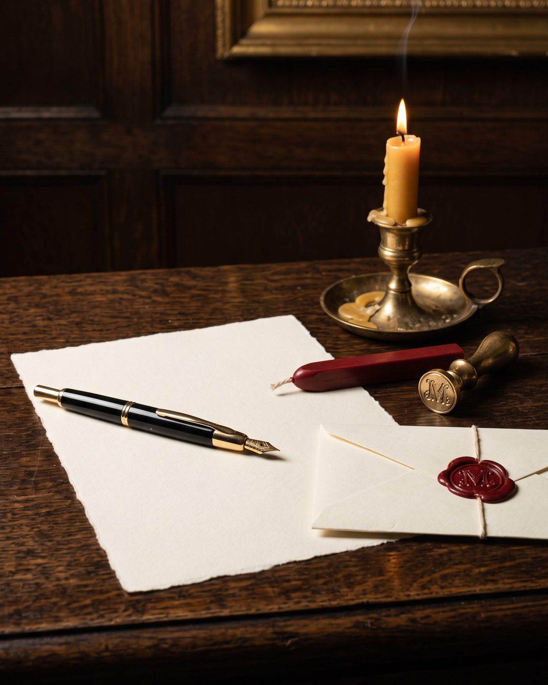 A letter-writing set with a red wax seal, lit by a candle