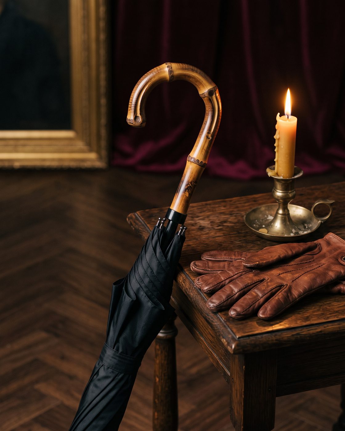 A furled black silk umbrella with a bamboo handle